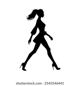 Vector illustration. Silhouette of a girl on a white background. On heels goes sideways.