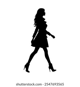 Vector illustration. Silhouette of a girl on a white background. On heels goes sideways.