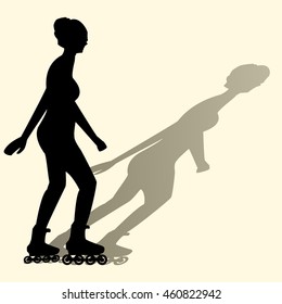 Vector illustration of a silhouette of a girl riding on roller skates casts a shadow flat style