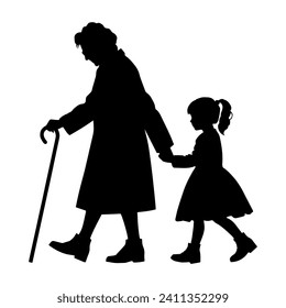 vector illustration. silhouette of a grandmother with her granddaughter walking hand in hand