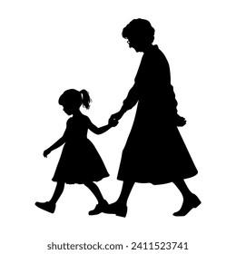 vector illustration. silhouette of a grandmother with her granddaughter walking hand in hand