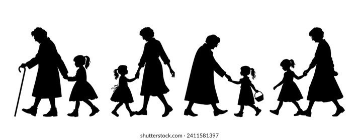 vector illustration. silhouette of a grandmother with her granddaughter walking hand in hand
