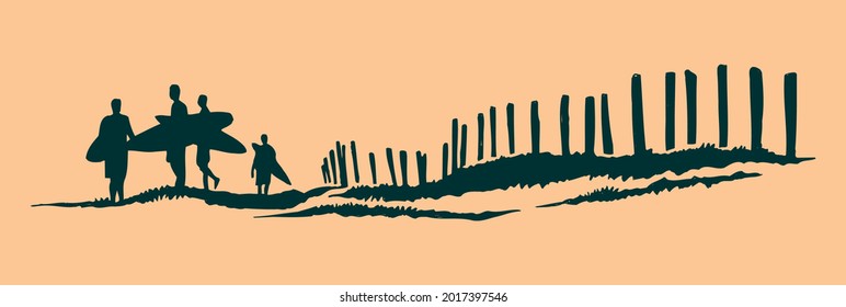 Vector illustration of silhouette of a group of surfers.