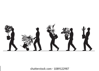 vector illustration silhouette of a group of workers carrying houseplants in pots, moving to a new house, moving office, courier delivery