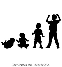 Vector illustration. Silhouette of growing up man from baby to old age. Many people of different ages in a row.