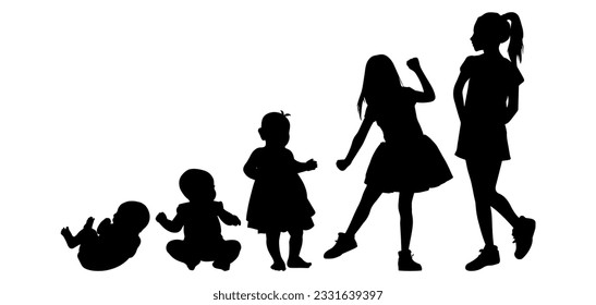 Vector illustration. Silhouette of growing up man from baby to old age. Many people of different ages in a row.