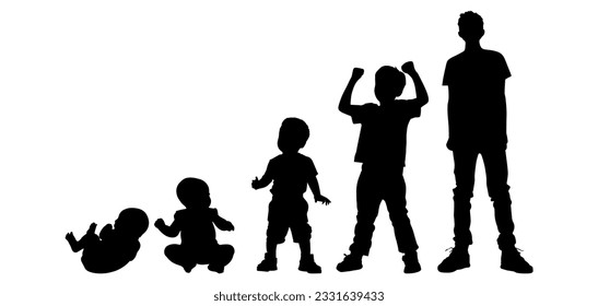 Vector illustration. Silhouette of growing up man from baby to old age. Many people of different ages in a row.