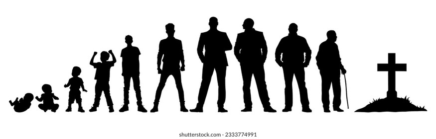 Vector illustration. Silhouette of growing up man from baby to old age. Many people of different ages in a row.