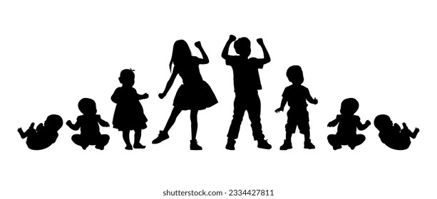 Vector illustration. Silhouette of growing up man from baby to old age. Many people of different ages in a row.