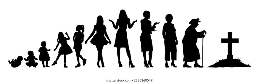 Vector illustration. Silhouette of growing up man from baby to old age. Many people of different ages in a row. svg