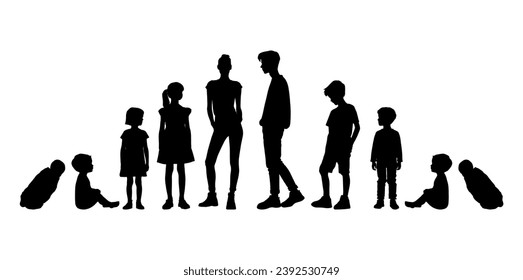 Ilustración vectorial. Silhouette de un hombre en edad de crecer desde el bebé hasta la vejez. Muchas personas de diferentes edades seguidas.