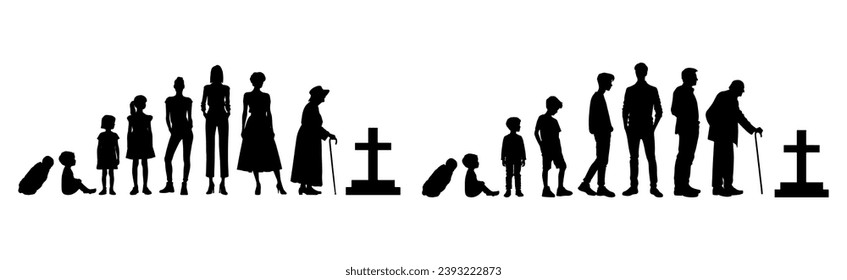 Vector illustration. Silhouette of growing up man from baby to old age. Many people of different ages in a row.