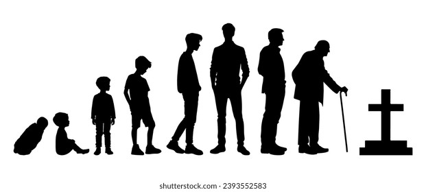 Ilustración vectorial. Silhouette de un hombre en edad de crecer desde el bebé hasta la vejez. Muchas personas de diferentes edades seguidas.