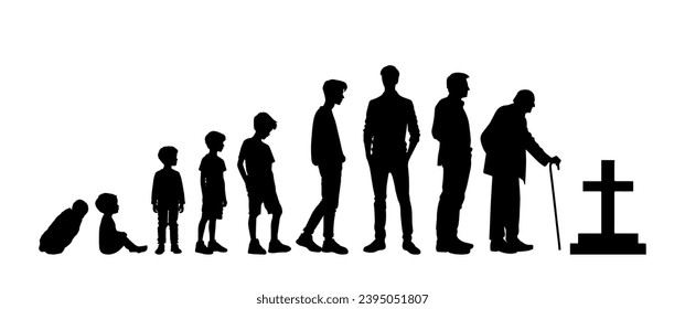 Vector illustration. Silhouette of growing up man from baby to old age. Many people of different ages in a row.