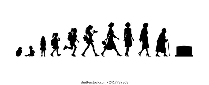 Vector illustration. Silhouette of growing up man from baby to old age. Many people of different ages in a row.	
