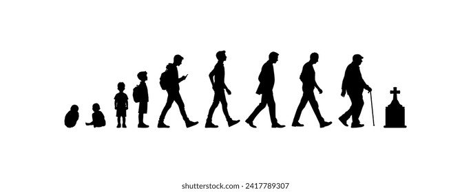 Vector illustration. Silhouette of growing up man from baby to old age. Many people of different ages in a row.	
