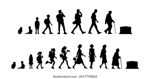 Vector illustration. Silhouette of growing up man from baby to old age. Many people of different ages in a row.	