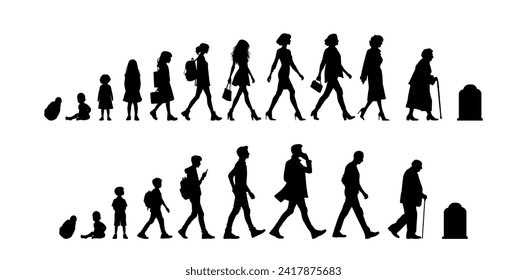 Vector illustration. Silhouette of growing up man from baby to old age. Many people of different ages in a row.	