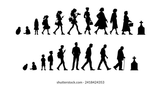 Vector illustration. Silhouette of growing up man from baby to old age. Many people of different ages in a row.	