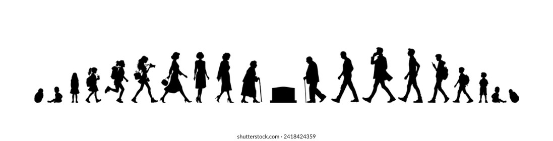 Vector illustration. Silhouette of growing up man from baby to old age. Many people of different ages in a row.