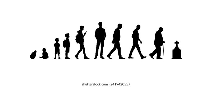 Vector illustration. Silhouette of growing up man from baby to old age. Many people of different ages in a row.	
