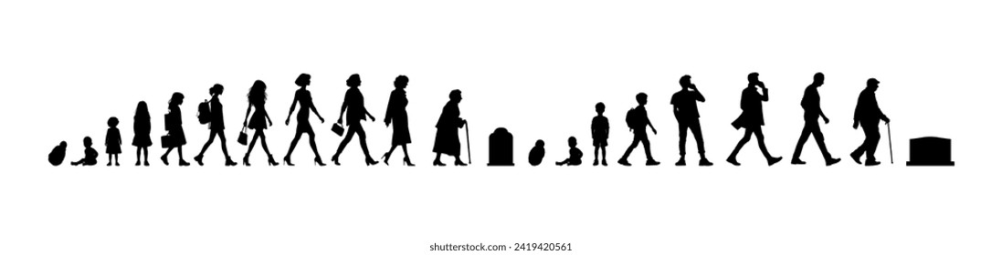 Vector illustration. Silhouette of growing up man from baby to old age. Many people of different ages in a row.	