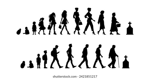 Vector illustration. Silhouette of growing up man from baby to old age. Many people of different ages in a row.	