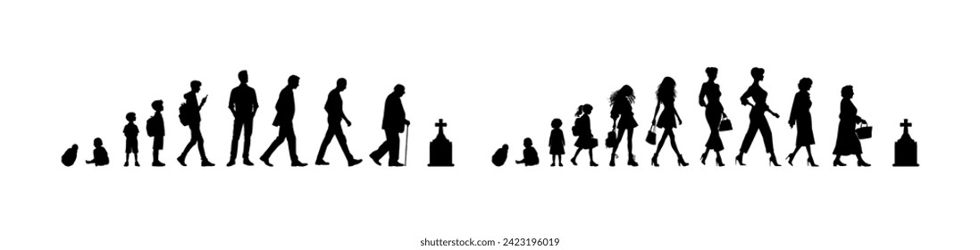Vector illustration. Silhouette of growing up man from baby to old age. Many people of different ages in a row.	