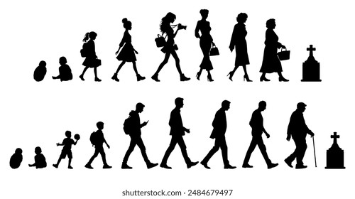 Vector illustration. Silhouette of growing up man from baby to old age. Many people of different ages in a row.	