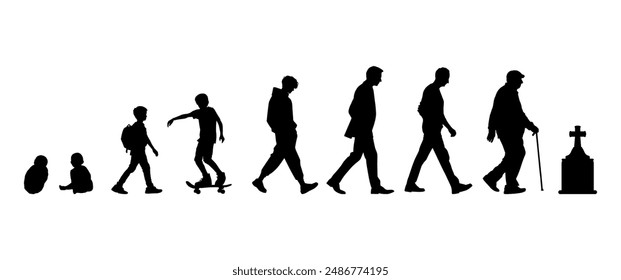 Vector illustration. Silhouette of growing up man from baby to old age. Many people of different ages in a row.	