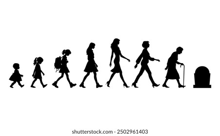 Vector illustration. Silhouette of growing up man from baby to old age. Many people of different ages in a row