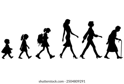 Vector illustration. Silhouette of growing up man from baby to old age. Many people of different ages in a row