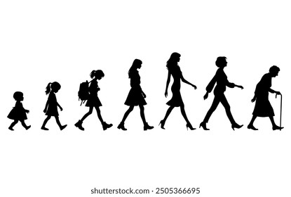 Vector illustration. Silhouette of growing up man from baby to old age. Many people of different ages in a row