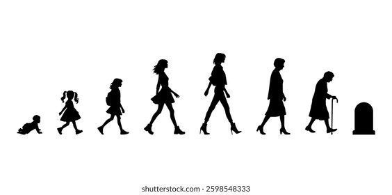 Vector illustration. Silhouette of growing up man from baby to old age. Many people of different ages in a row.	