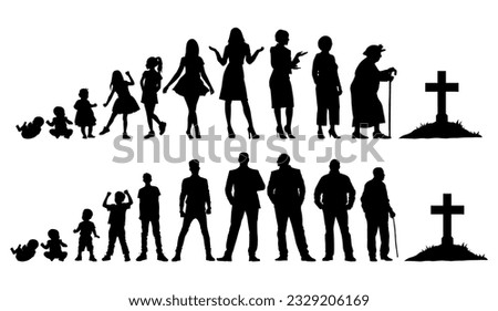 Vector illustration. Silhouette of growing up man from baby to old age. Many people of different ages in a row.