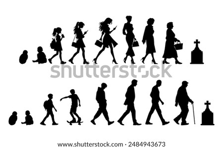 Vector illustration. Silhouette of growing up man from baby to old age. Many people of different ages in a row.	