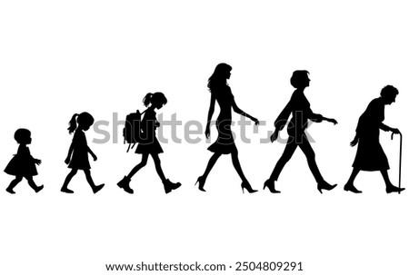 Vector illustration. Silhouette of growing up man from baby to old age. Many people of different ages in a row