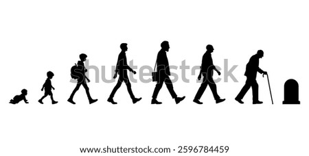 Vector illustration. Silhouette of growing up man from baby to old age. Many people of different ages in a row.	