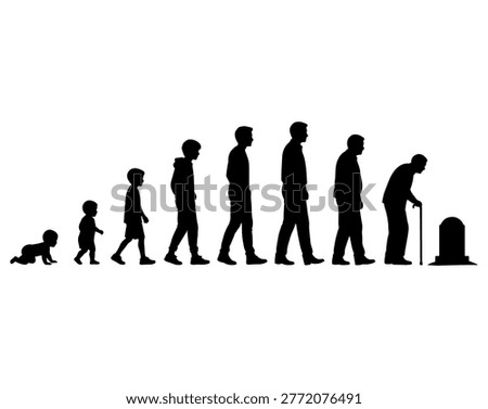Vector illustration. Silhouette of growing up man from baby to old age. Many people of different ages in a row.	
