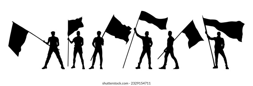 Vector illustration. Silhouette of a guy with a flag in his hands. Set of people.