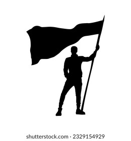 Vector illustration. Silhouette of a guy with a flag in his hands.