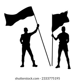 Ilustración vectorial. Silhouette de un tipo con una bandera en sus manos.