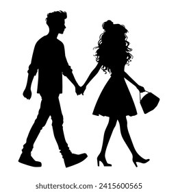 Vector illustration. Silhouette of a guy and a girl walking hand in hand. Date of lovers.