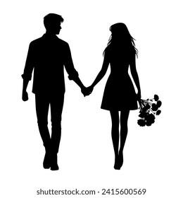 Vector illustration. Silhouette of a guy and a girl walking hand in hand. Date of lovers.