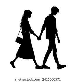 Vector illustration. Silhouette of a guy and a girl walking hand in hand. Date of lovers.