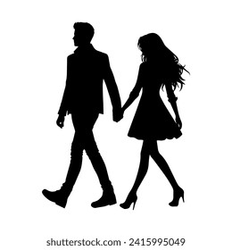 Vector illustration. Silhouette of a guy and a girl walking hand in hand. Date of lovers.