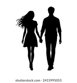 Vector illustration. Silhouette of a guy and a girl walking hand in hand. Date of lovers.