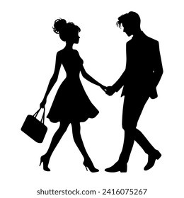 Vector illustration. Silhouette of a guy and a girl walking hand in hand. Date of lovers.