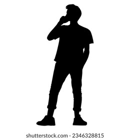 Vector illustration. Silhouette of a guy with a phone in his hand. Talk. Call.