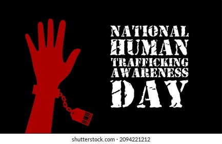 Vector Illustration, Silhouette Of A Hand With A Chain And Barcode Label, As A Banner Or Poster, National Human Trafficking Awareness Day.